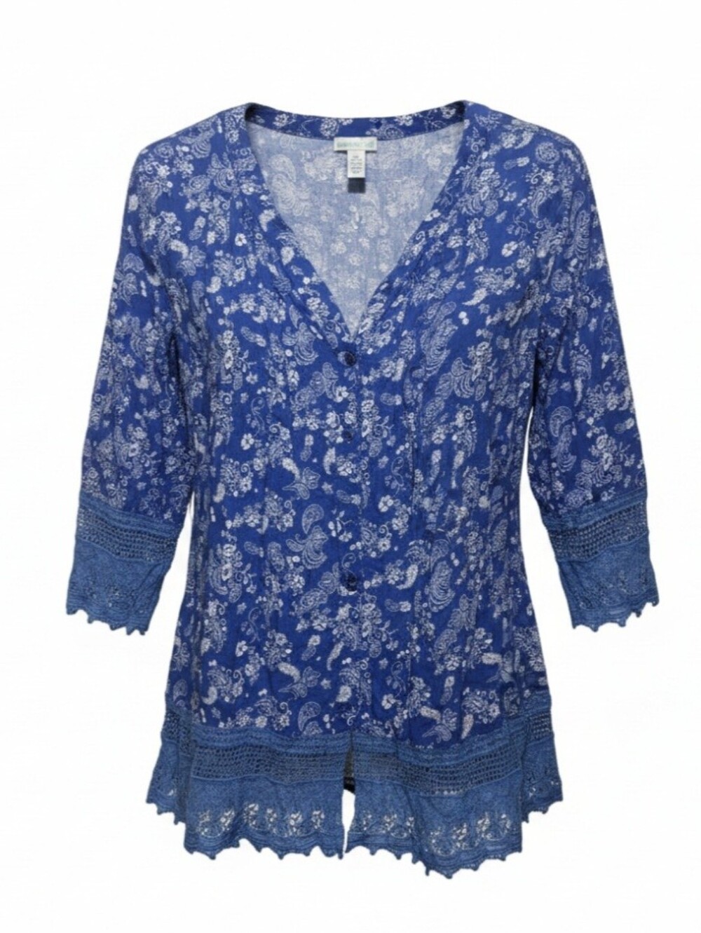 Blue Paisley Lace-Trim V-Neck Women's Top